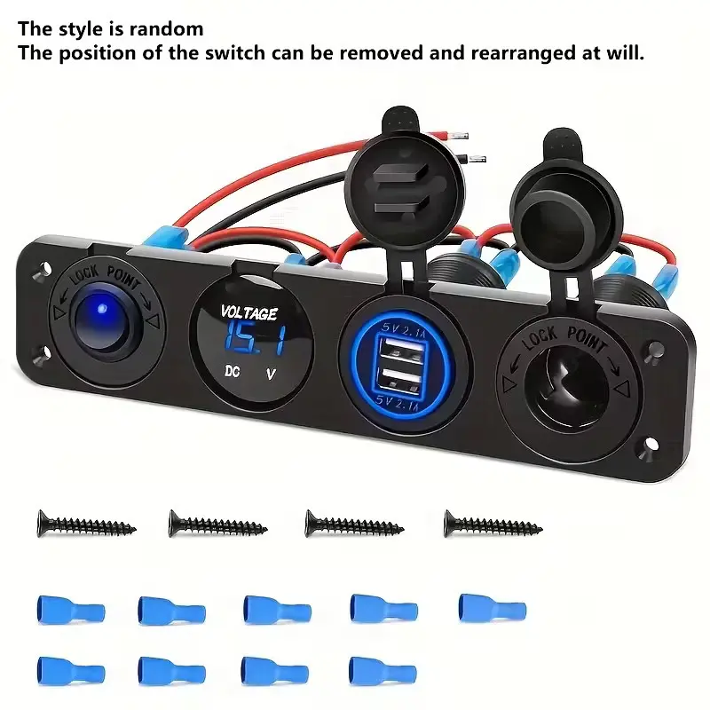 4 in 1 Socket Panel Dual USB Cigarette Lighter LED Voltmeter Cutoff Switch -