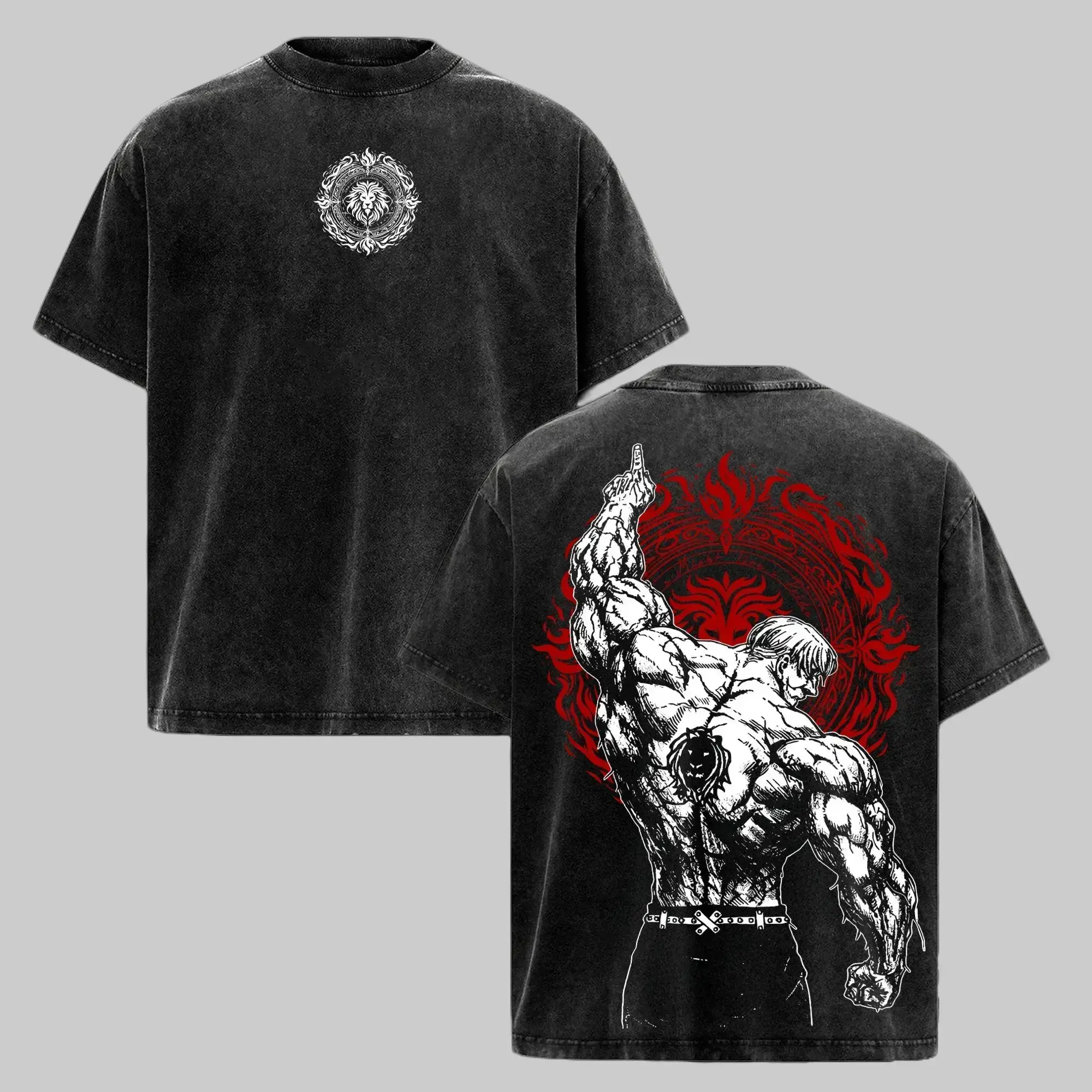 Seven Deadly Sins Escanor Oversized Graphic Tee Vintage Acid Wash Anime T Shirt Y2K Streetwear Gym Pump Cover Heavyweight Cotton Mens Retro Manga Merch Tiktok Finds Trendy Dark Aesthetic Workout Fit Casual Top Pride Lion Japanese Activewear
