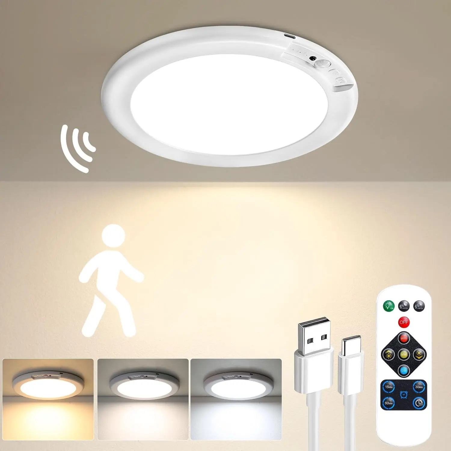Rechargeable Motion Sensor Ceiling Light with Remote,Ultra-Bright, Ultra-ThinI 400LM Magnetic Suction Wireless Lights, Magnetic Wireless, Battery Operated for Closet,Stairs, Hallway, Shower, Shed, Porch and Patio – Easy Installation.