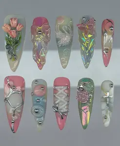 Whimsical Floral Fantasy Press On Nails – 3D Butterfly,Swan & Rose Art with Eye, Corset & Chrome Accents, Handmade Nails for Fairycore Looks