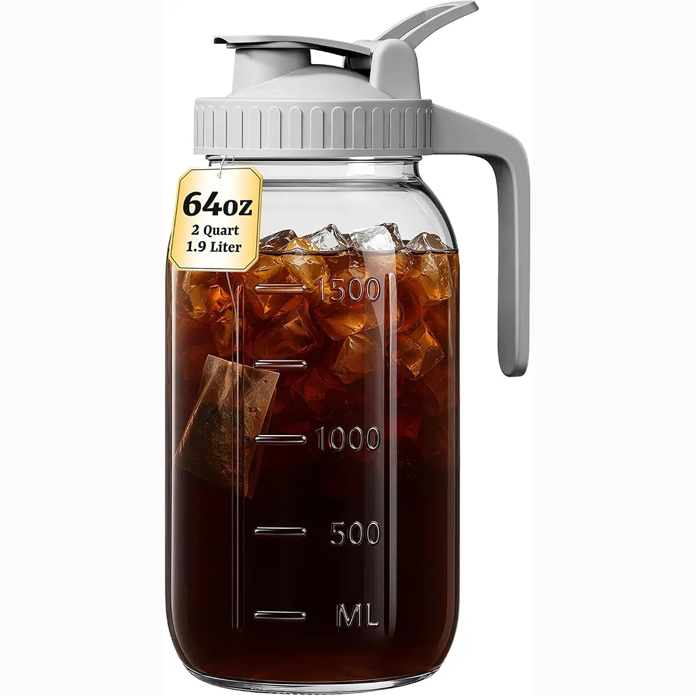 Glass Mason Jar Pitcher, 64 oz Wide Mouth Jug with Pour Spout Handle Lid for Cold Brew Coffee, Ice Beverage, Iced Juice, Lemonade, Sun Tea, Fruit Drinks Container
