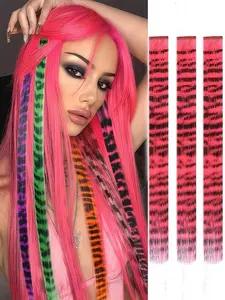 3pcs Leopard Print Hair Extensions Clip Ins 18Inch Colorful Raccoon Tail Hair Extensions Clip in Hair Colorful Tiger Stripe Clip in Hair Extensions Long Straight Y2K Zebra Stripe Hair Pieces for Women Festival Party Cosplay