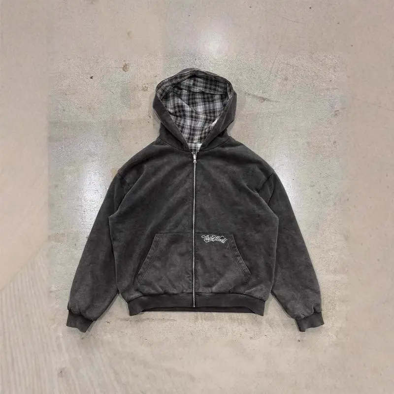 Reversible Plaid Hooded Jacket, Unisex Long Sleeve Casual Streetwear Pullover, Loose Fit Sweater for Outdoor Activities, Double-Side, Checkered/Plaid, Plaid Splice