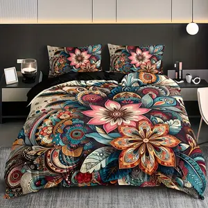 3PCS quilt cover set (1 quilt cover + 2 pillowcases without pillow core), home dormitory high definition printing bohemian mandala flower