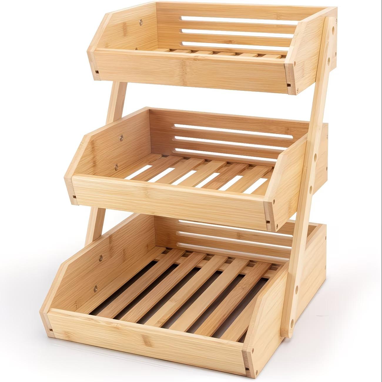 3/2 Tier Wooden Fruit Basket Stand – Large Capacity Countertop Organizer for Fruits, Vegetables & Bread