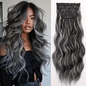 VIKOK Clip-in Hair Extensions - 22inch Long Wavy Gray Ombre - Natural Look - Easy to Apply - High-Quality Synthetic Hair