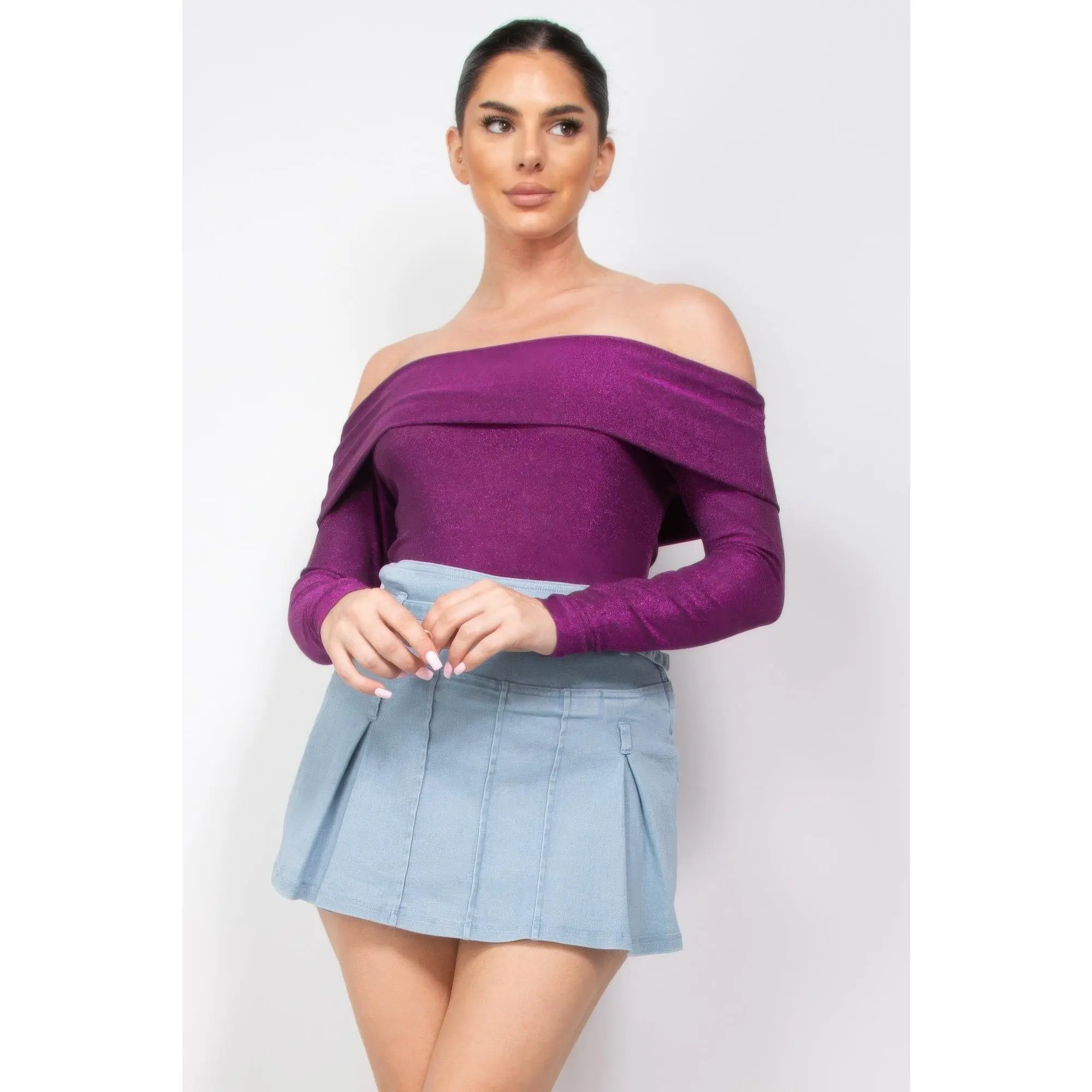 Off-shoulder Glittery Long Sleeve Bodysuit