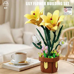 296pcs Lily Flower Pot Building Block Set, Flower Building Blocks, Unisex Kids DIY 3D Puzzle Toy, Creative Desk Decor, Christmas New Year Gift for Ages 6+