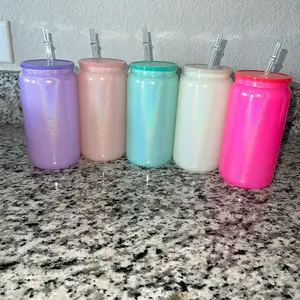 16oz Shimmer Glass Cup with plastic straw