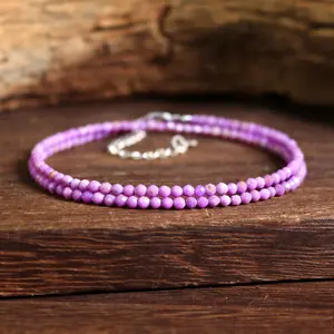 Natural Purple Lepidolite Faceted 2mm Beaded Choker Gemstone Necklace Healing Crystal Minimalist Boho Women's Jewelry Gift