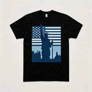 Statue of Liberty Graphic T-shirt, Unisex Casual Short-Sleeve Streetwear with Patriotic American Flag Print, Menswear, Shortsleeve