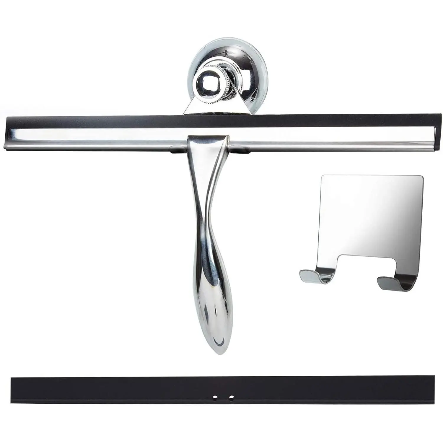 12 in Chrome-Plated Stainless Steel Squeegee with Suction Cup Hooks, 3M Adhesive Wall Hanging, Removable & Washable Suction Cups, Streak-Free, No Rubber Slipping, Tool-Free Installation for Bathroom Glass Doors, Wall, Gift