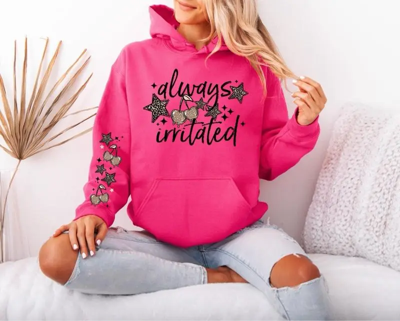 Always Irritated Gildan hooded Sweatshirt with Sleeve design unisex sizing womenswear comfortable soft Casual Pullover Tops Fabric Pocket Spandex Cotton hoodie Fit