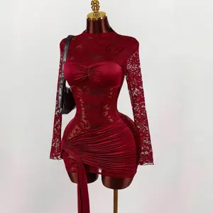 Party Women's Lace Blouse With Vintage Red Sheer Drawstring Hem Mini Bodycon Dress, Boho Style For Party Red Lace Dress Slay Diva Dress Night Club Dress Red Corset Dress,Party Dresses For Women