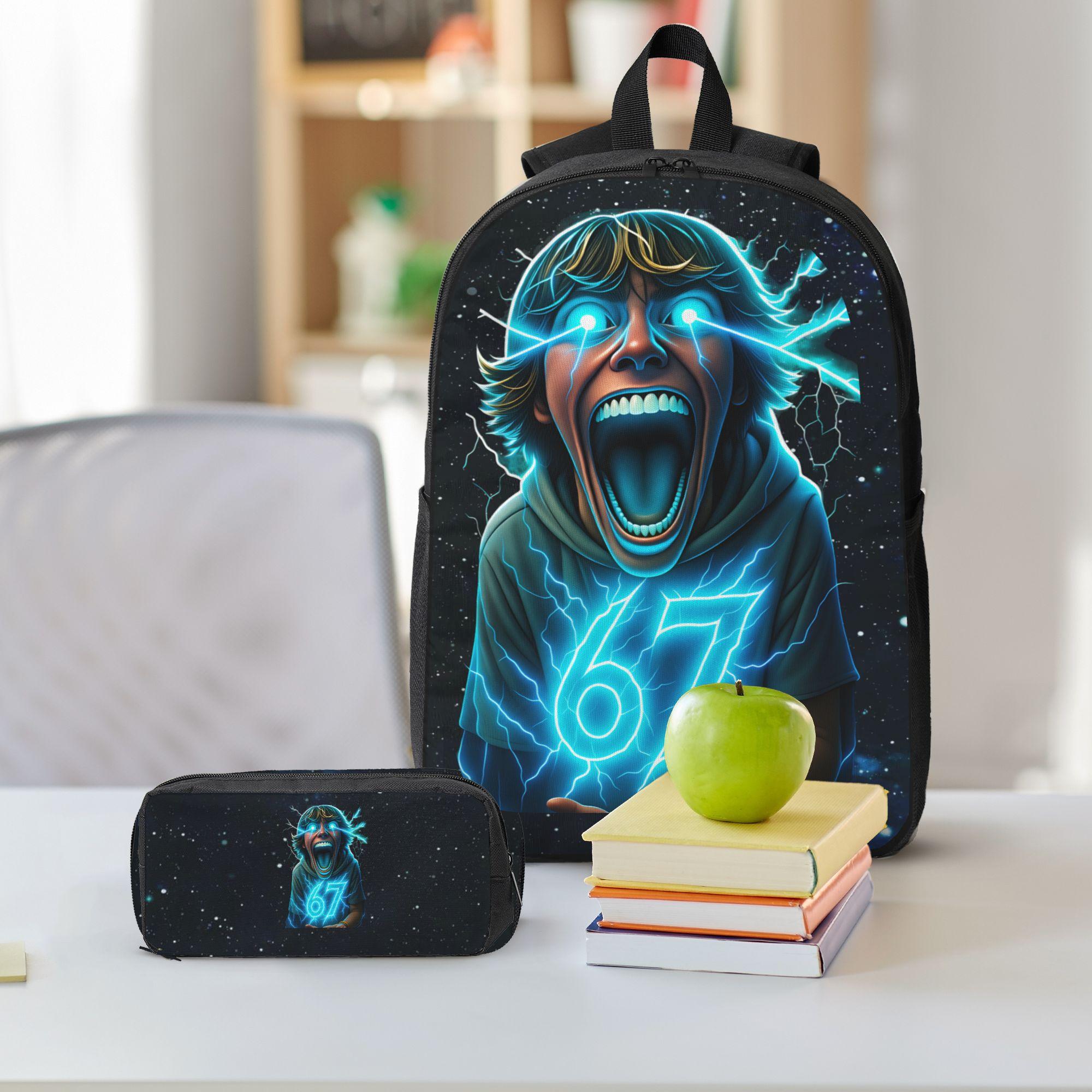 3pcs Lightning Superpower 67 Boy Print Backpack Set | Durable School Bag with Matching Lunch Box & Pencil Case, Neon Blue Fantasy Pattern for Teens, Lightweight Large Capacity with Laptop & Tablet Compartments, Zipper Closure, Adjustable Strap