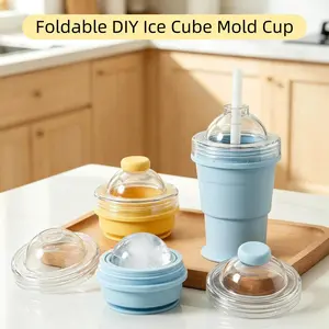 1-Piece Foldable DIY Ice Cube Mold Cup - Food-Grade Silicone, Portable with Straw, Reusable Ice Ball Maker for Home & Travel，UU