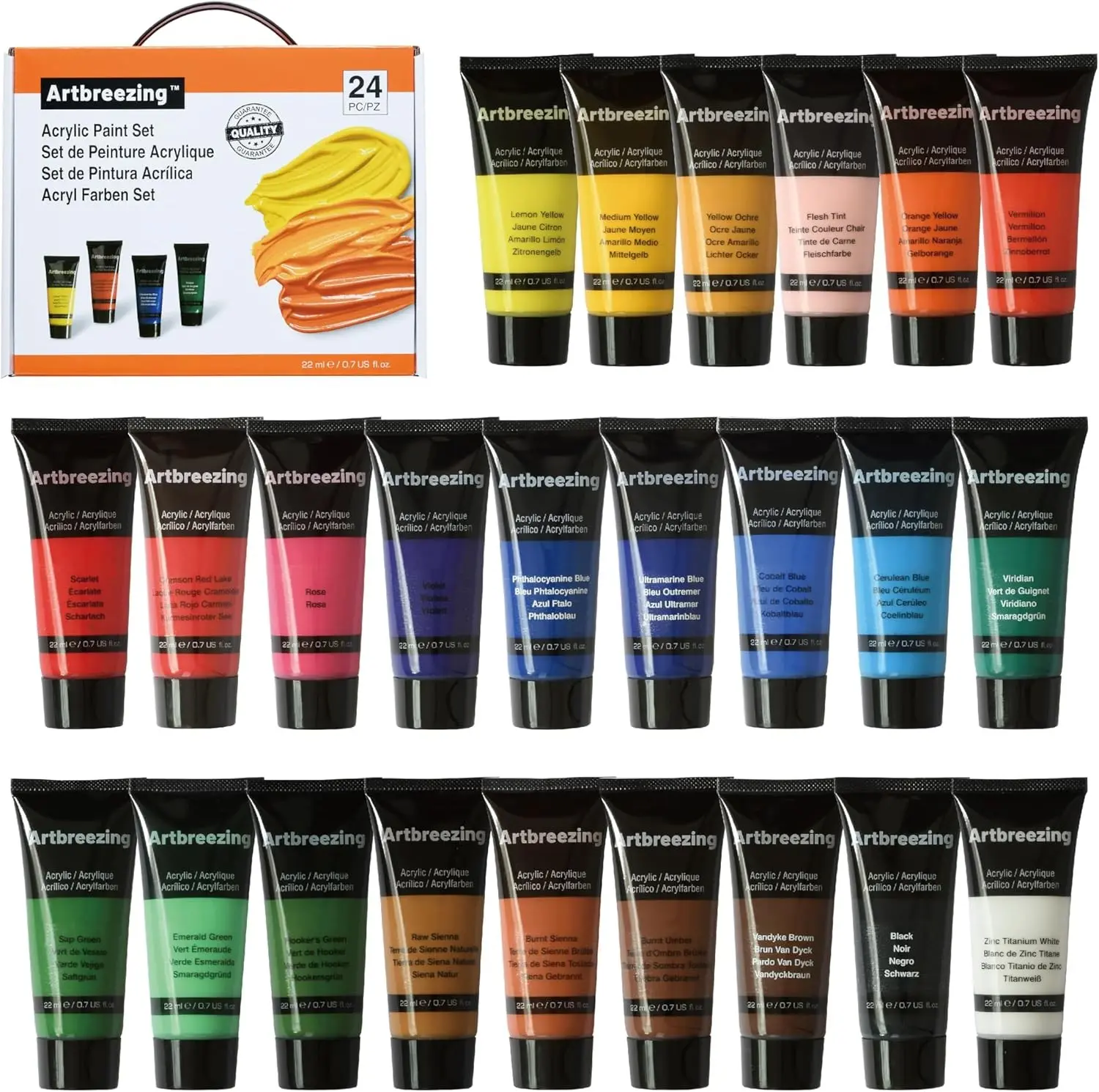 24 Colors Professional Acrylic Paint Set, Artist Paint Supplies | 22ml Tubes, Paint Set for Canvas, Crafts, Clay, Rocks, Paper etc., Basics Art Supplies, Giftable Set for Artists, Beginners