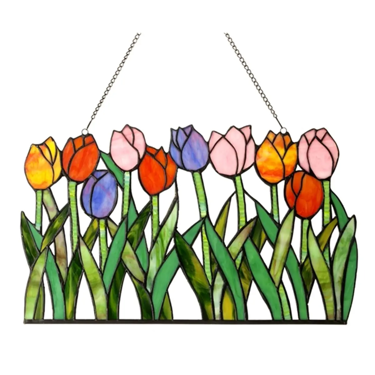 212 MAIN 18-inch Rectangle Stained Glass Window Panel with Handcrafted Copper-Foil Tulip Flowers, Hangable Light Catcher, Nursery Hanging Decorations, Home Ornament, Multicolored Designs, Frame, Metal, Colorful, Rectangle Home Decor