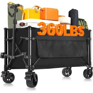 Collapsible Wagon Carts Foldable 150L & 360LBS Portable Folding Wagons with -Terrain Wheels & Brakes Heavy Duty Outdoor Utility Cart for Grocery Camping Shopping  Garden, Black