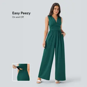 Halara V Neck Sleeveless Ruched Pocket Jumpsuit-Easy Peezy
