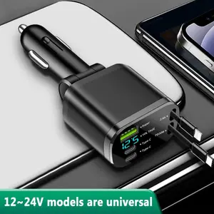 High-Efficiency 5-in-1 Car Charger | 3 Smart Charging Ports + Sturdy L-Shaped & Type-C Charging Cables-YY