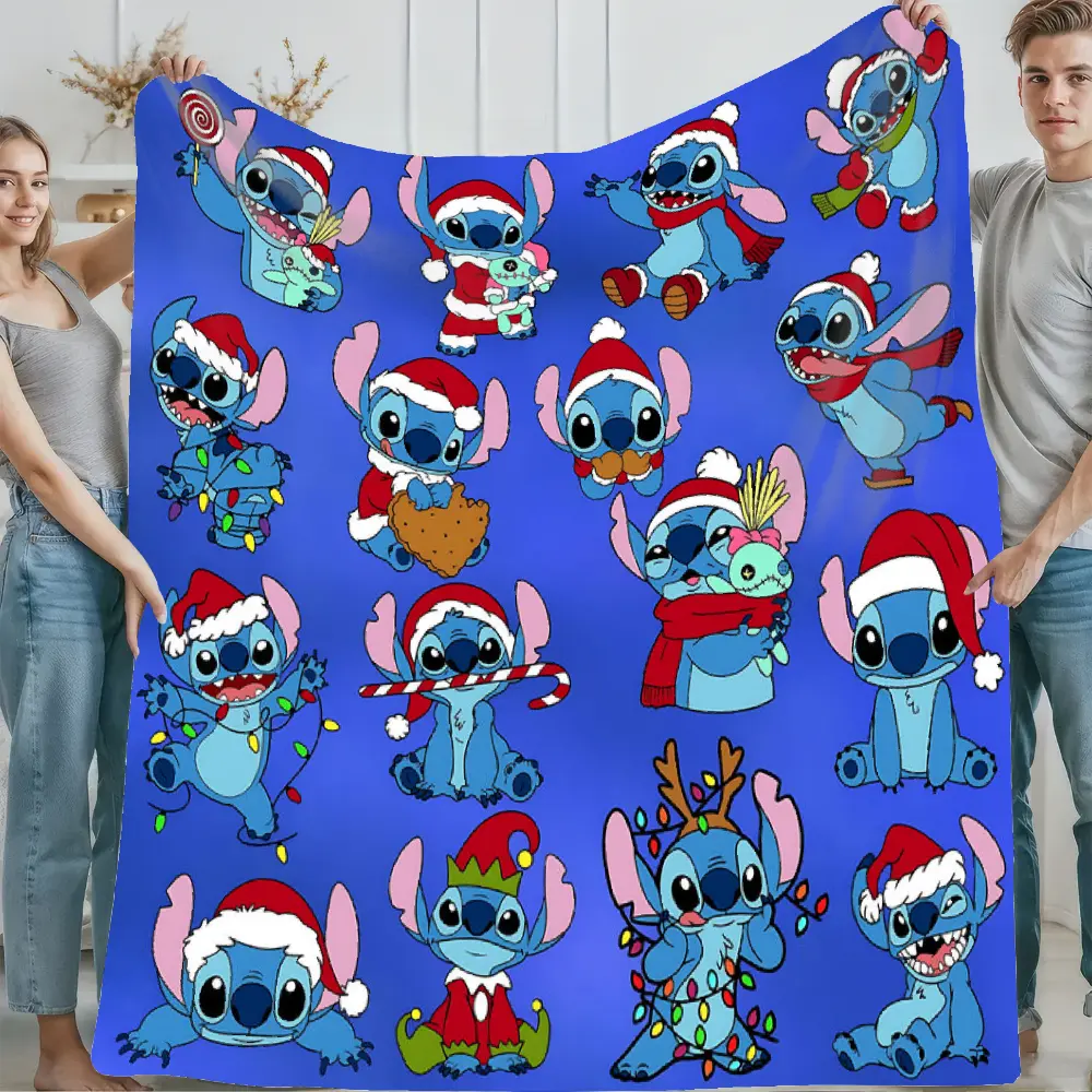 [SummerVibes] DISNEY CLASSIC Christmas Stitch Blanket, Super Soft Cartoon Lilo & Stitch Throw Blanket with Holiday Santa Hat Design, Cozy Plush Blanket for Sofa Bed Couch Christmas Decor Gifts