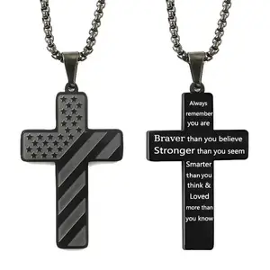Men's USA Flag Cross Pendant Necklace - Stainless Steel Inspirational Gift