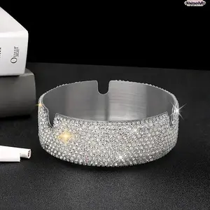 Silver 3.15-Inch Rhinestone Stainless Steel Ashtray, Luxury Portable Fashion Accessory Decor for Home, Car, Silver 3.15 Inches
