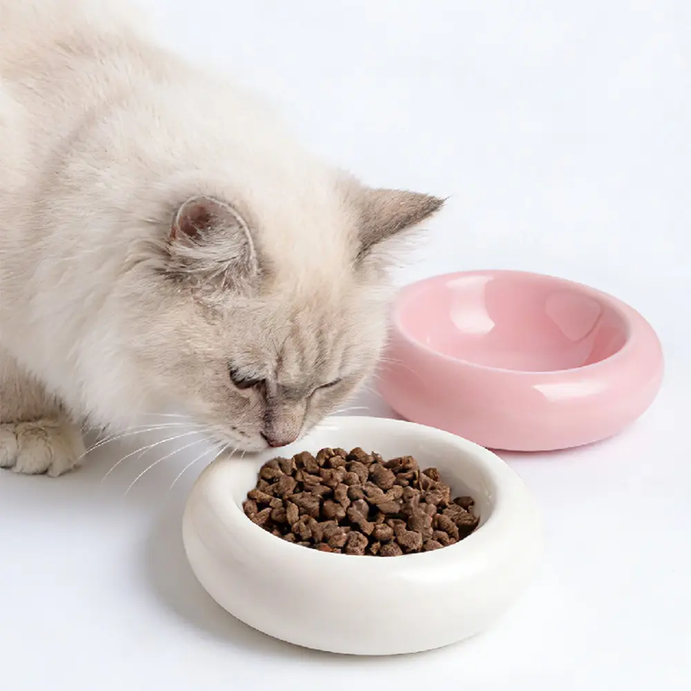 Ceramic Cat Bowl Pet Feeding Dish, Cute Donut Design Water & Food Container, Ideal for Cats and Kitties, Durable Ceramic Material