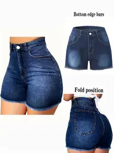 Women's Elastic Hem Design Jeans Shorts, Slim Fit Fashion Versatile Denim Shorts, All Seasons Elegant Style, Solid Pattern