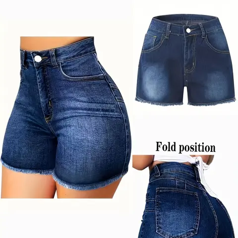 Women's Elastic Hem Design Pocket Stretchy Vintage Jeans Shorts, Slim Fit Fashion Versatile Denim Shorts, All Seasons Elegant Style, Solid Pattern, Bottom