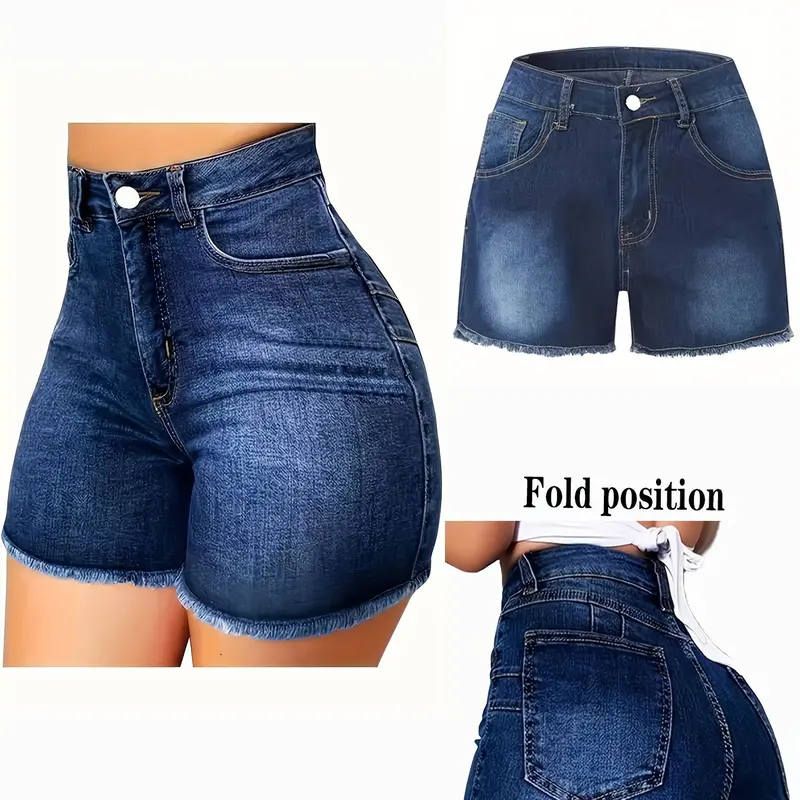 Women's Elastic Hem Design Pocket Stretchy Vintage Jeans Shorts, Slim Fit Fashion Versatile Denim Shorts, All Seasons Elegant Style, Solid Pattern, Bottom