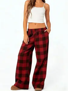 Buffalo Plaid Red Black Wide Leg Pants | Casual Loungewear & Streetwear Bottoms | Soft Plaid Fabric | Bold Retro Plaid Aesthetic | Elastic High Waist for Comfort | Trendy Oversized-Leg Fit | Versatile for Home & Outings | Perfect for Plaid/Retro Style Fan