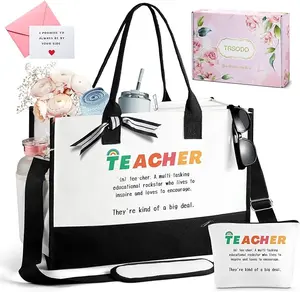 TRSODD Teacher Christmas Gifts for Women, Can-vas Teacher Tote Bag, Personalized Teacher Birthday Gifts, Teacher Appreciation Gifts w Makeup Bag Inner Pocket Side Pocket Shoulder Strap Gift Box Card