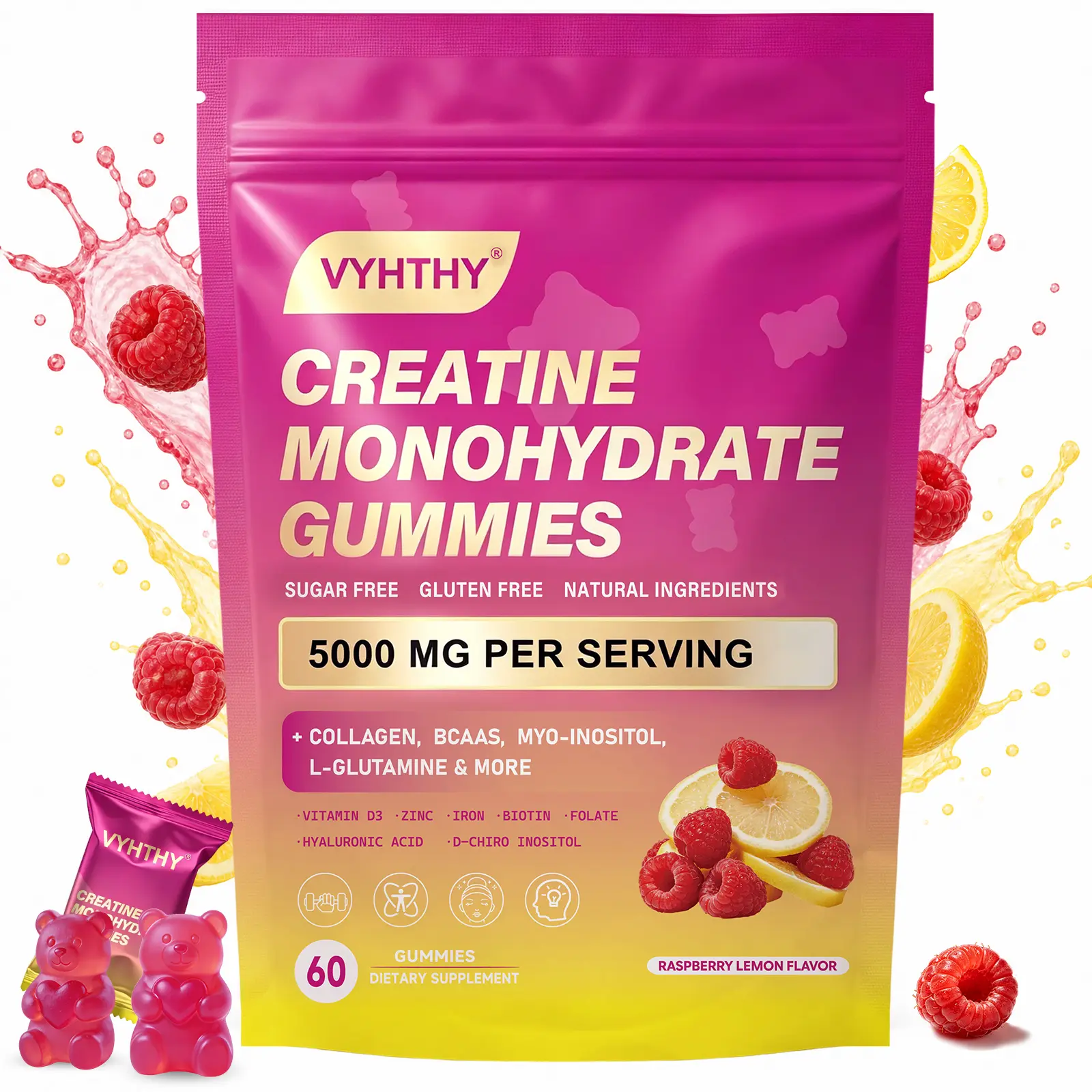 VYHTHY Creatine Monohydrate Gummies - Chewable Fitness Supplement with Collagen, BCAAs, Inositol, Vitamin D3 for Beauty, Nail Health; Inositol Pre-Workout & Monohydrate Creatine Pre-Workout Products