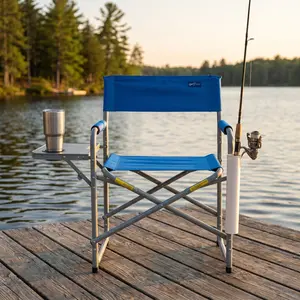 SURFGEAR Folding Director Chair with Side Table & Cup Holder, Heavy Duty Camping Chair with Fishing Rod Holder, Lightweight Portable Foldable Outdoor Chair for Camping, Fishing, Beach & Backyard Chaise Lounge