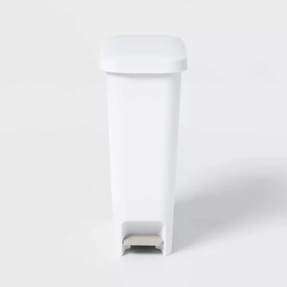 11gal Slim Step Trash Can -White Pedal-Operated Lid, Textured Indoor Kitchen Trashcan, 11 Gallon Capacity