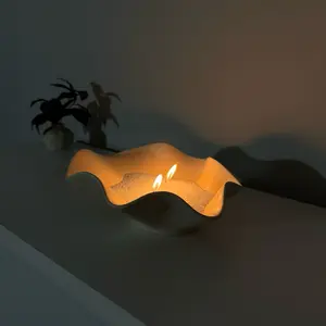 Handmade Sand Wax Candle in Modern Off-White Ceramic Wavy Bowl – 3 Wicks for Cozy Glow, Perfect for Table Decor & Living Rooms, Unique Artisan Piece for Home Gifting