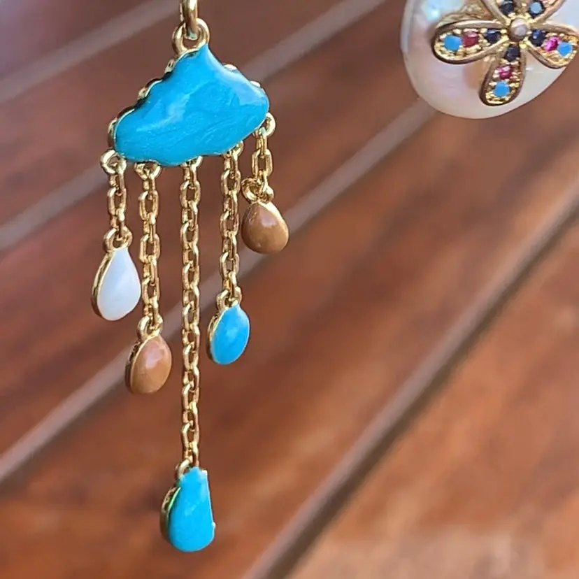 Stainless Steel gold toned natural gemstone raining cloud DREAMS quarter moon Necklace