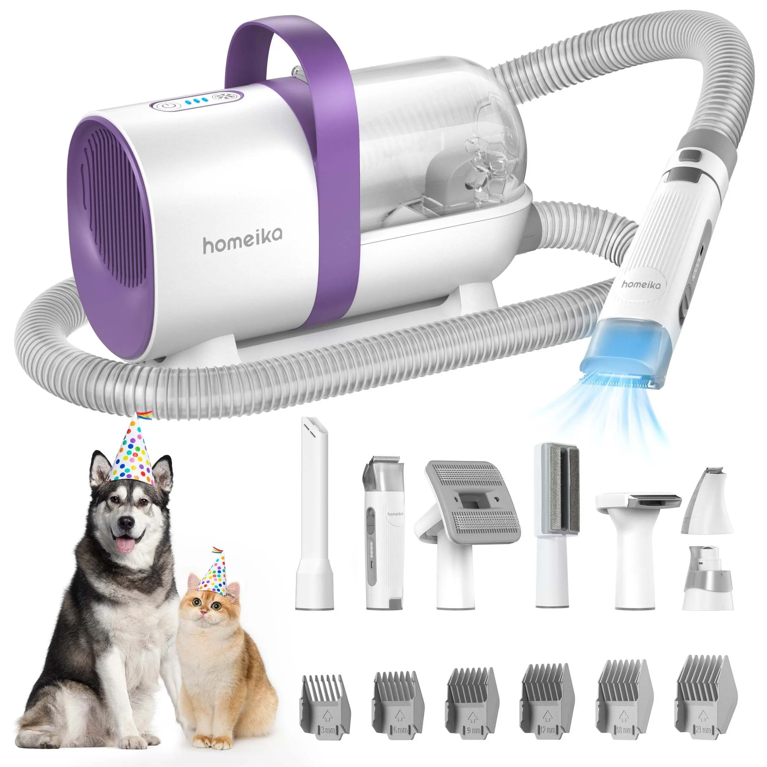 Homeika Pet 3.0L Purple Grooming Kit, with 7 Tools, Storage Bag, 5 Nozzles & Pet Vacuum Groomer (for Shedding Dogs & Cats)