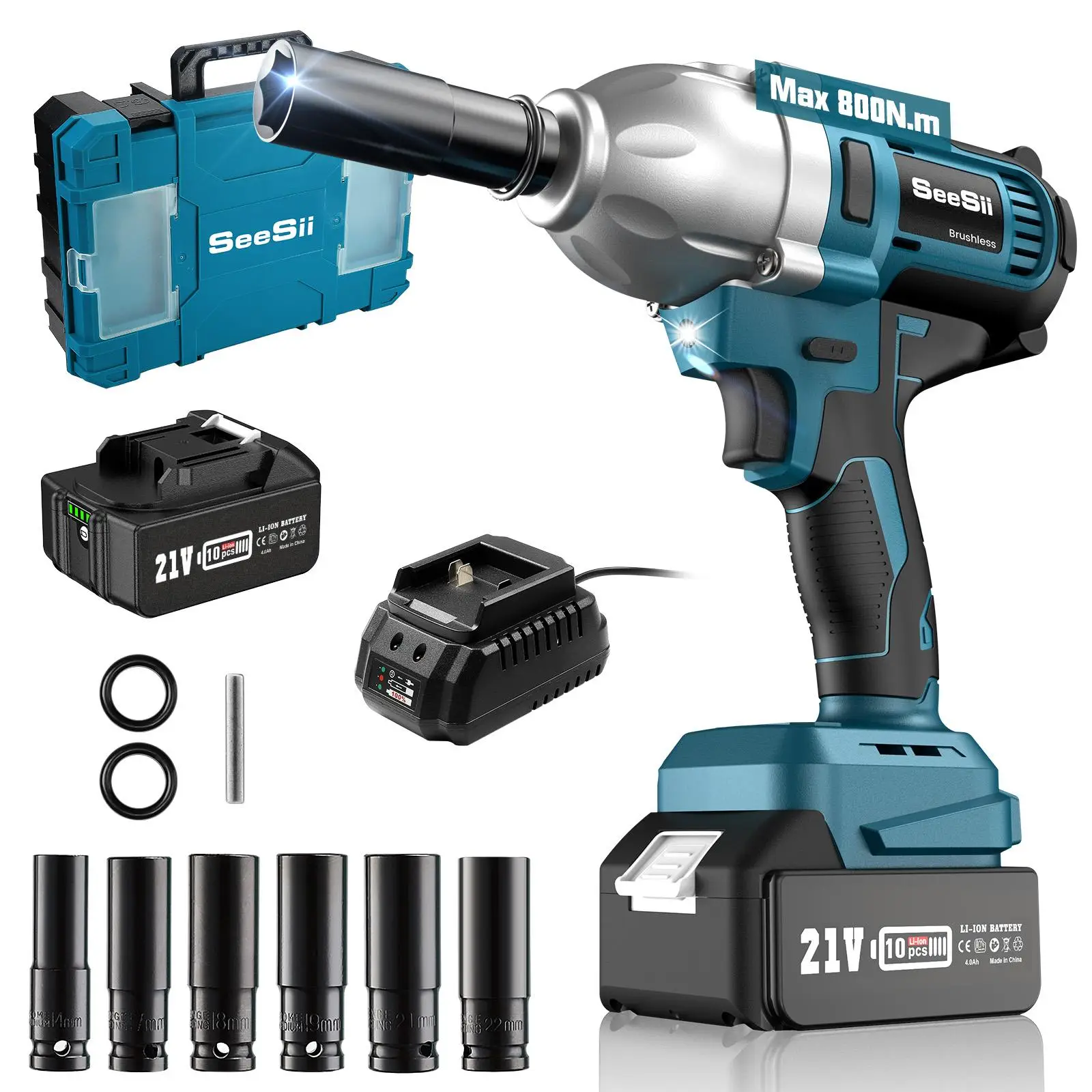 Cordless Impact Wrench, Multipurpose 800N.m Power Impact Wrench, Electric Impact Wrench with 6 Sockets, Tool Box, Charger & 4.0 Battery, Power Tools,