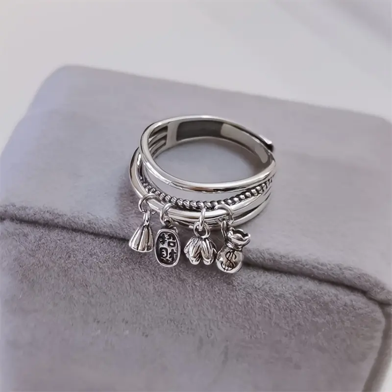 Women's Vintage Coin Ring - All-Fit, Adjustable Size, Lotus & Coin Charms, Tassel Pendants, Christmas Fashion Accessory for Everyday Wear & Gifting, Female, One Size