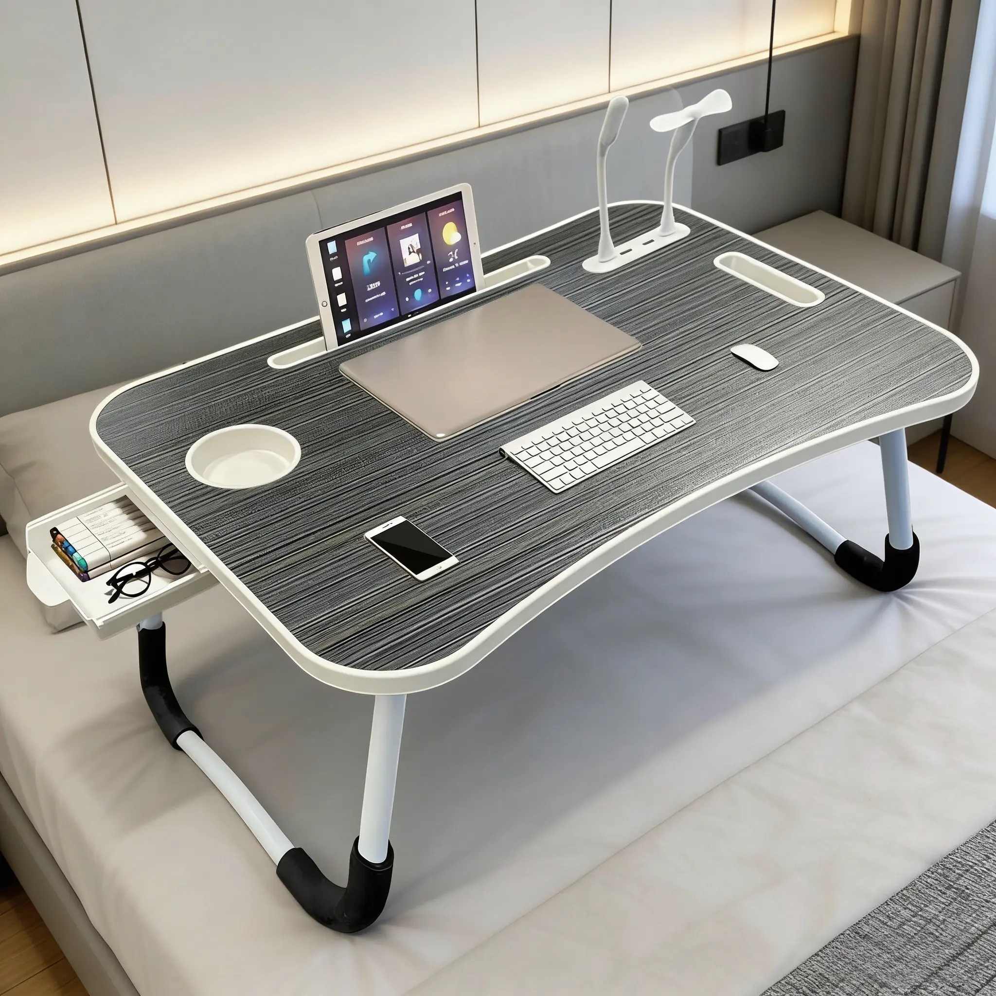 Portable Ultra Large Laptop Bed Tray - Multi-Functional with Cup Holder, Storage Drawer, USB, Cooling Fan & Light - Foldable Stable for Bed, Sofa, Floor (Eating/Reading/Writing)