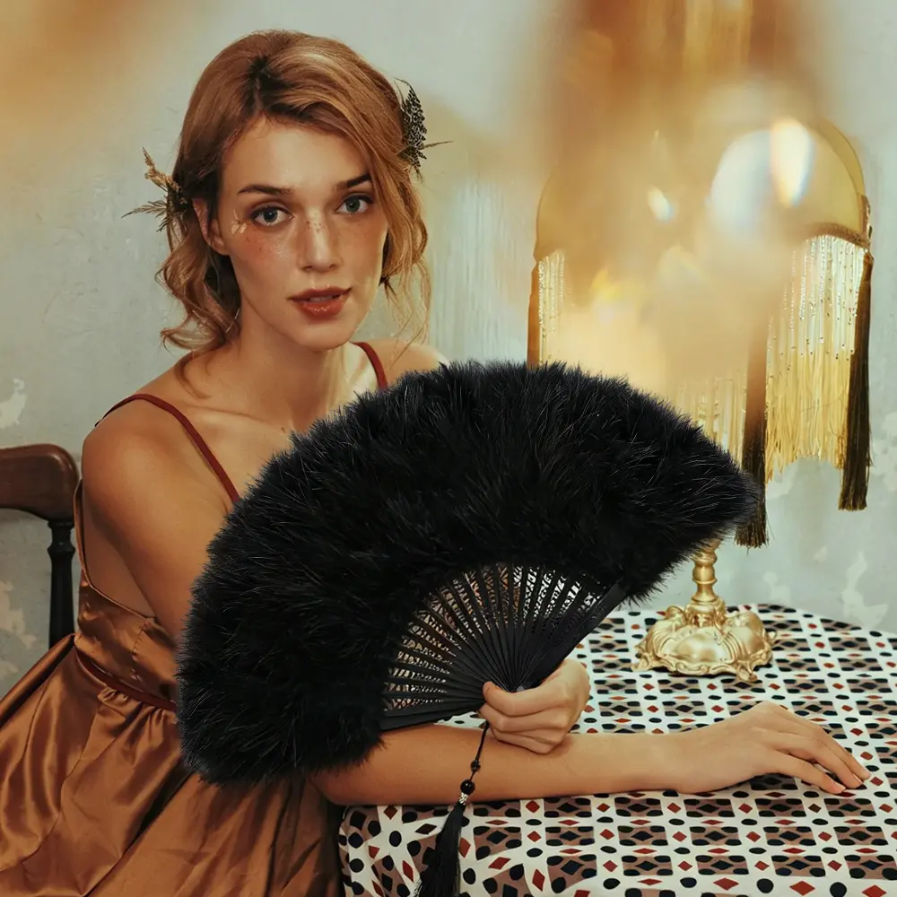 1 pack Foldable Feather Fan 1920s Vintage Style Flapper Hand Fan Marabou Black Feather Fan for Costume Party Wedding Dancing