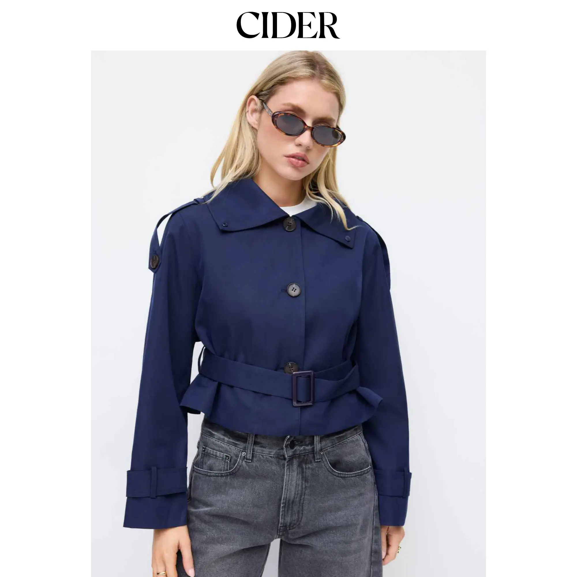 Cider Collar Oversized Long Sleeve Crop Trench Coat With Belt