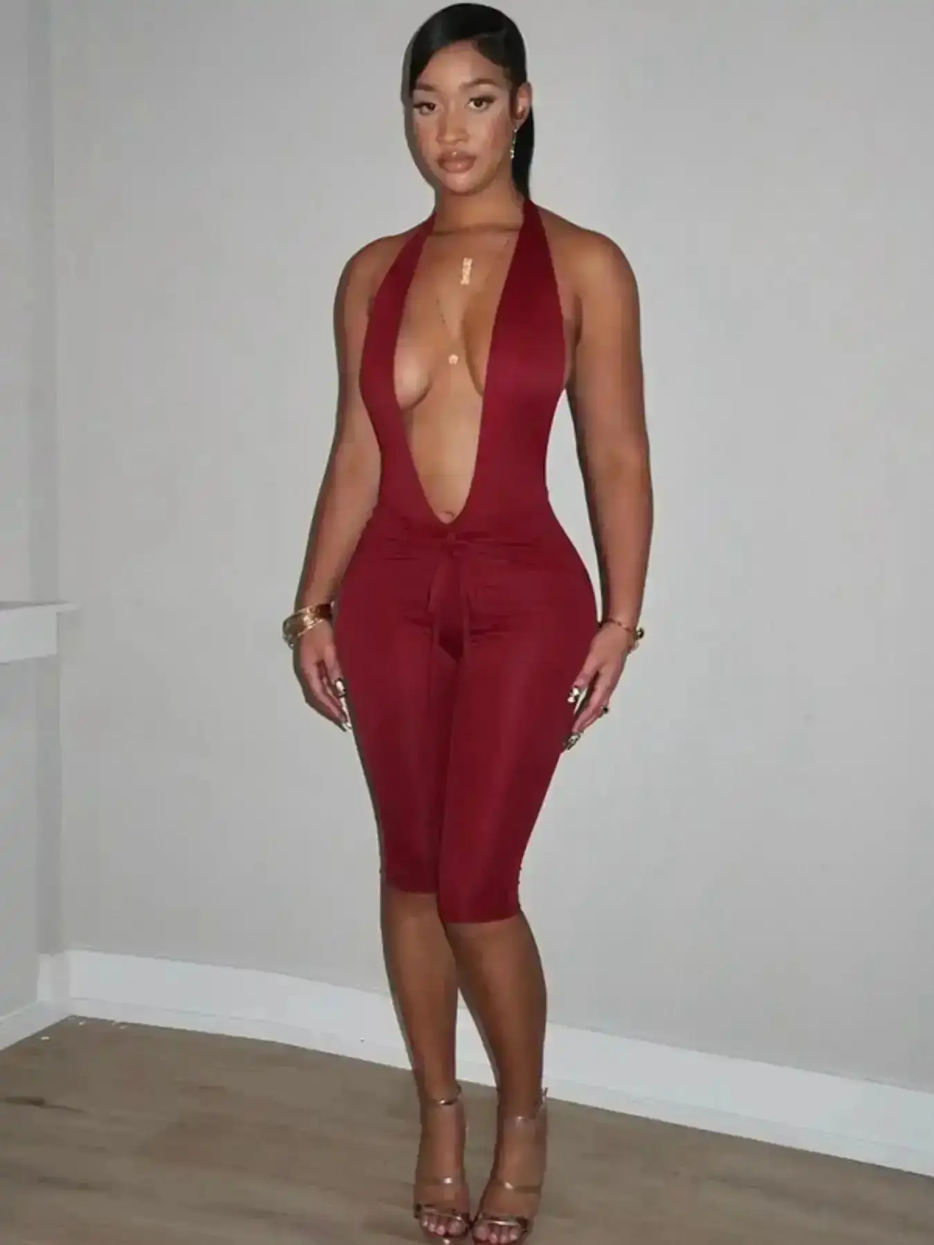 Modern New Women's Plain Slim-Fitting Sexy Backless Sleeveless Halter Neck Nightclub Jumpsuit Fitted, Womenswear, Suitable for Various Occasions, All Seasons, OOTD, Classic, On Trend, Versatile, Aesthetic, Athleisure
