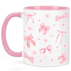 Coquette Pink Bow Mug, Pink Ribbon Mug for Girls, Cute Girly Accent Mug, Cute Coffee Cup for Women, Girly Bows 11Oz 15Oz Drinkware Beverage