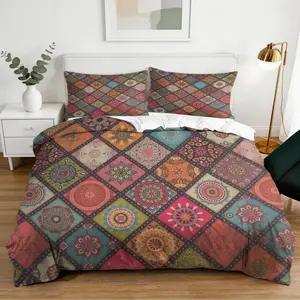 Boho Patchwork Print Comforter Set 2/3Pcs, 1 Comforter + 1/2 Pillowcases, Printed Quilt, Soft Breathable Bedding Set for Bedroom Dorm Home Bedding