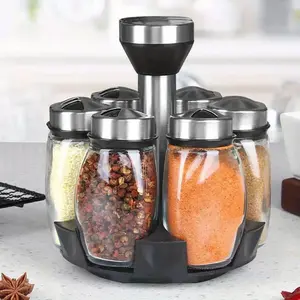 Rotating Glass Spice Set - 7pcs Set of Rotating Glass Spice Jar, Rack Organizer, Sugar Pepper Bottle, Salt Shaker, and Kitchen Storage Utensils