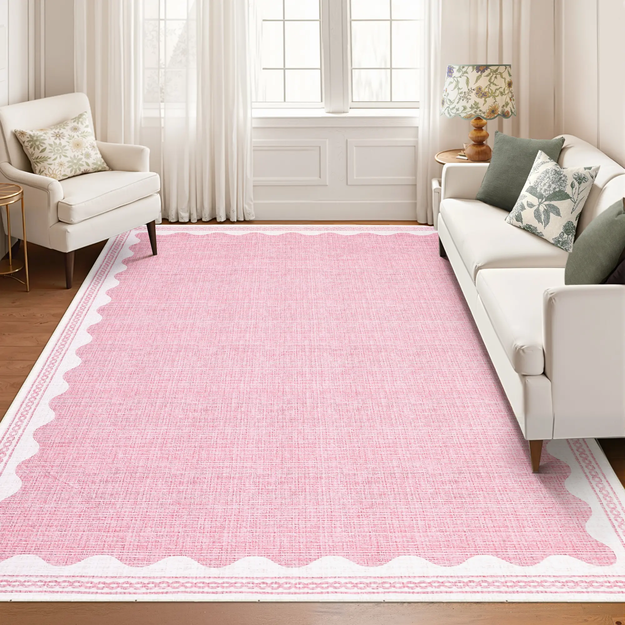 Scalloped Rug Modern Border Rug Washable Short Pile Non-linting Rug for Bedroom and Living room